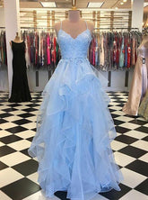 Blue Layered Tulle Long Prom Dress for 8th Grade Graduation